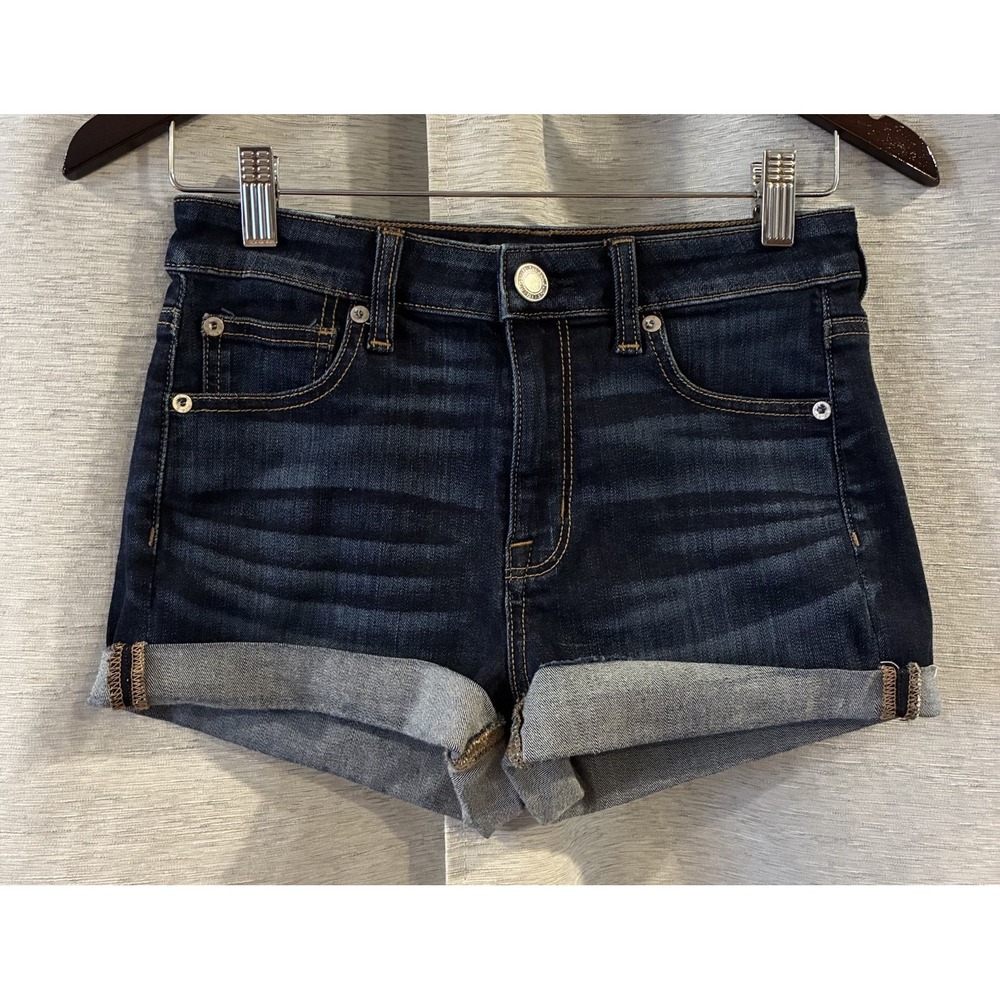 AMERICAN EAGLE Hi-Rise Shortie Blue Jean SHORTS Size 4 Super Rolled Hem Festival